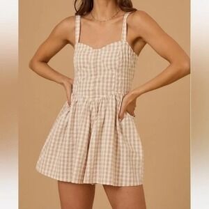 Altar'd State Noraline Gingham Romper Tan White Cotton Bustier Size M